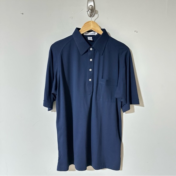 Pro Celebrity Mens Polo Golf Button Up Pocket Short Sleeve Navy Blue Shirt - Picture 1 of 4